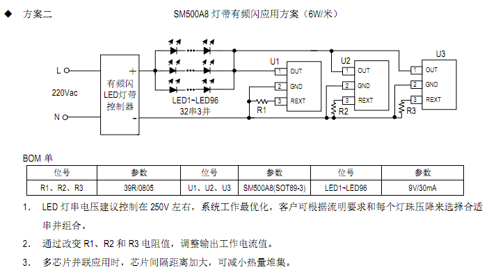 第二代LED高壓燈帶線性IC恒流技術(shù)方案SM500A8產(chǎn)品應(yīng)用(圖2) SM500A8燈帶方案圖.png