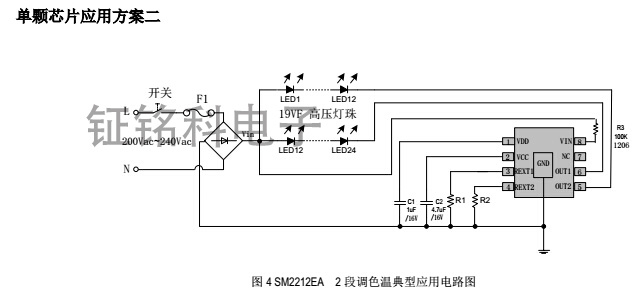 高效率恒流雙段調光調色溫SM2212EA替換亞成微RM調光ic(圖1) SM2212EA單顆芯片引用圖2