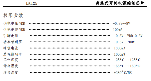 開關電源控制芯片DK125低成本BUCK簡單電路應用對比CYT穩(wěn)定(圖5) DK125極限參數(shù)